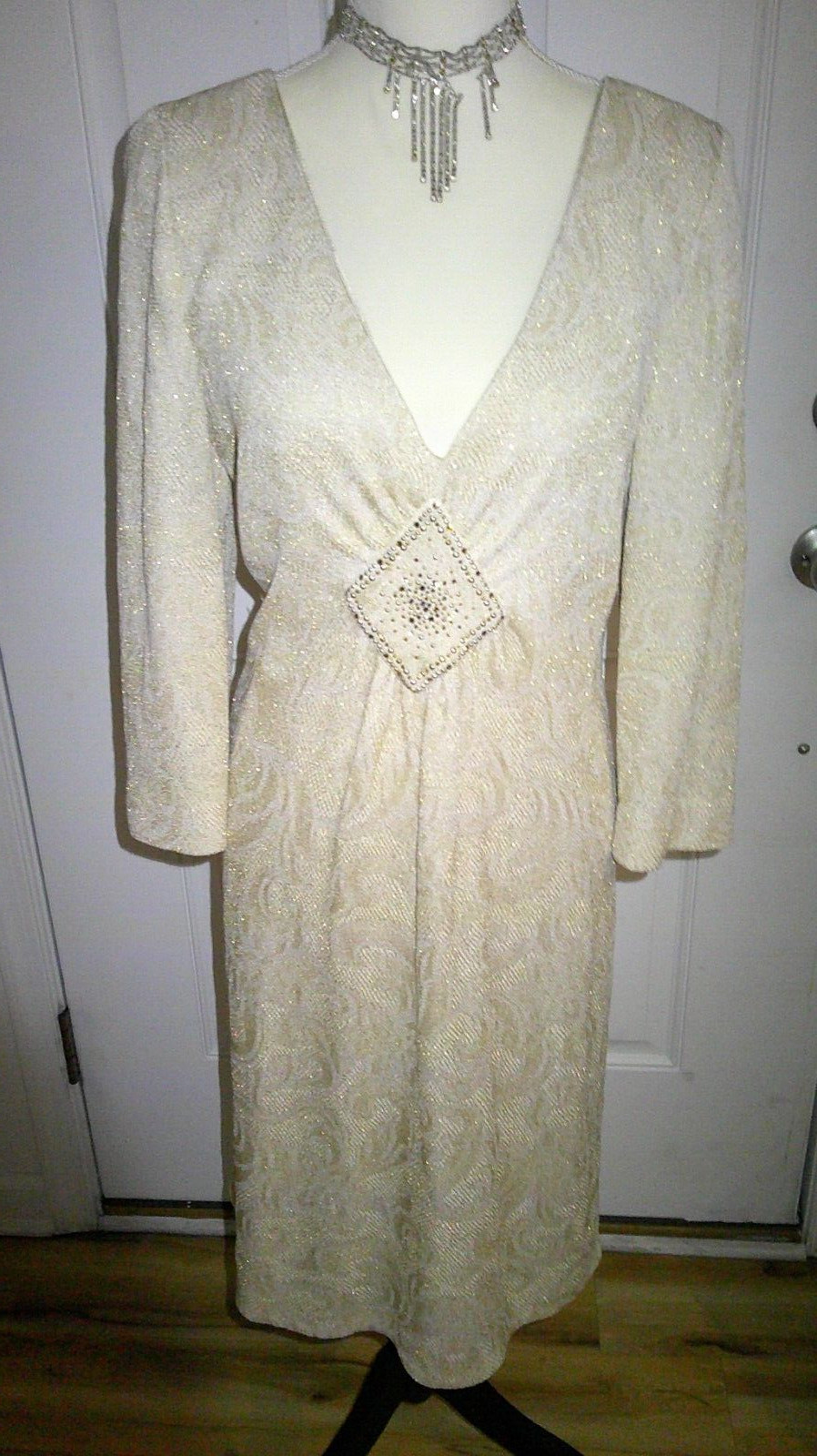 Dress St John evening wedding embellished 14 cream paillettes studded metallic