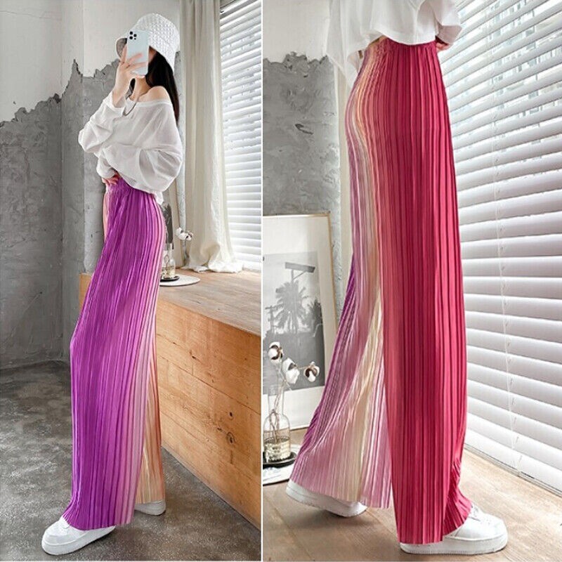 Lady Rainbow Gradient Faux Silk Pants Pleated Tie-Dye Wide-leg Trouser Drape Fit