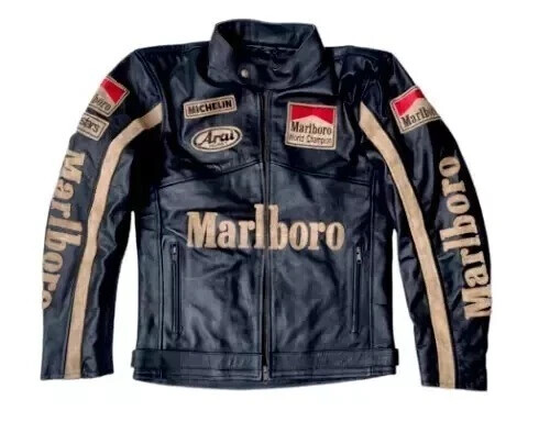 Men Marlboro Leather Jacket Motorcycle Racing Black Biker Vintage Jacket
