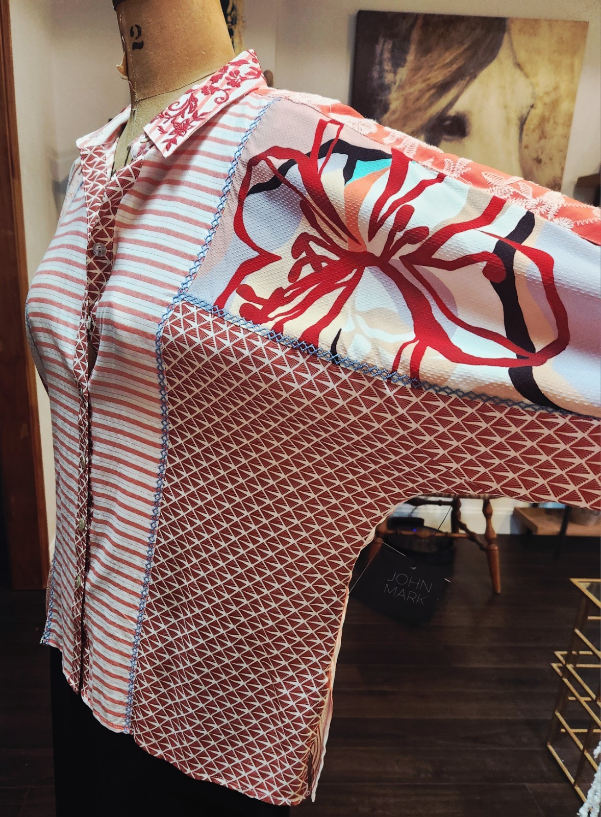 John Mark Patchwork Embroidered Blouse Size S/M Coral Scallop Panel NWT