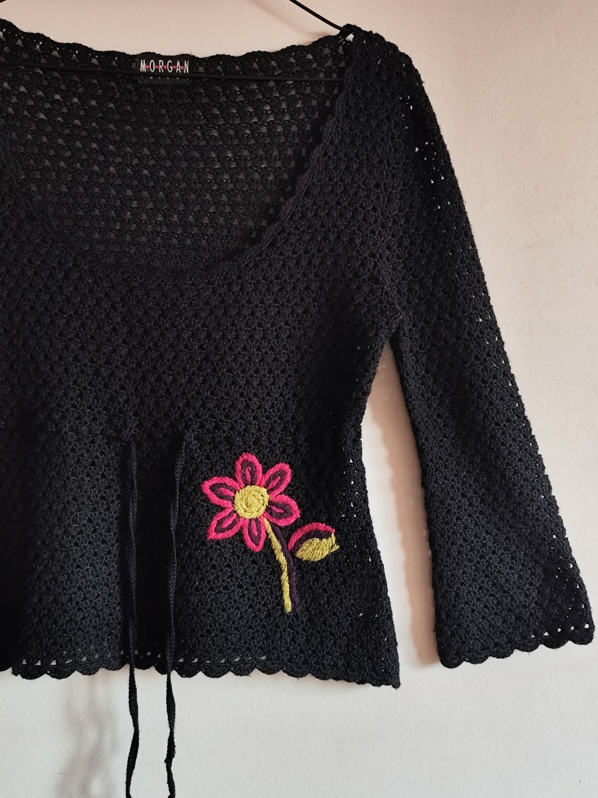 Morgan Tricot Coquette Crochet Y2K Top Vintage With Flower Black M