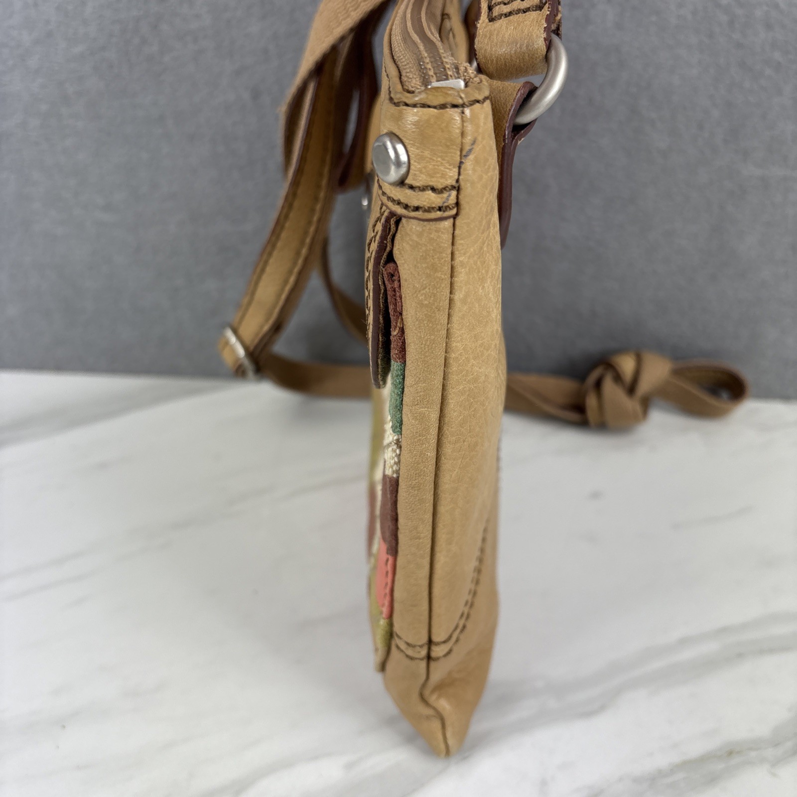 Fossil Maddox Patchwork Colorblock Lt Tan Leather Adj Strap Y2K Crossbody Purse