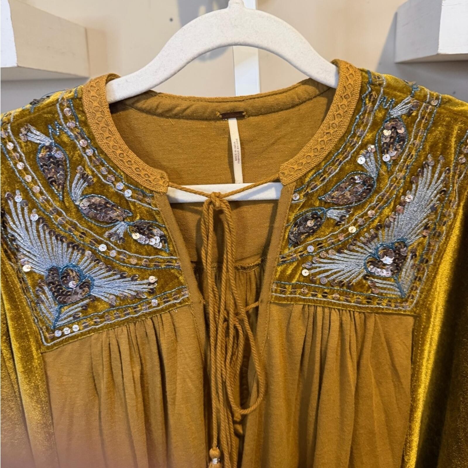 Free People Hearts Aflame Oversized Gold Velvet Embroidered Blouse