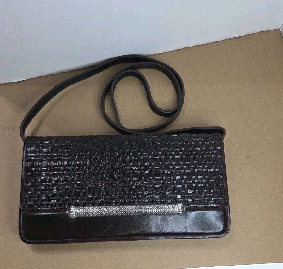 Brighton Brown Woven Leather Crossbody Clutch Wallet-10in By 5.5 SEE PHOTOS