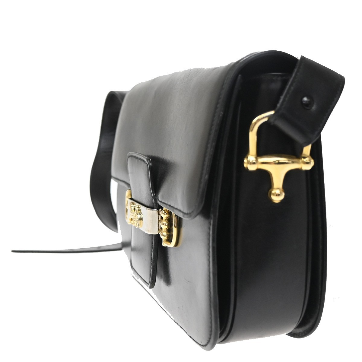 CELINE PARIS Logo Horse Carriage Shoulder Bag Leather Black Gold Italy 38KD451