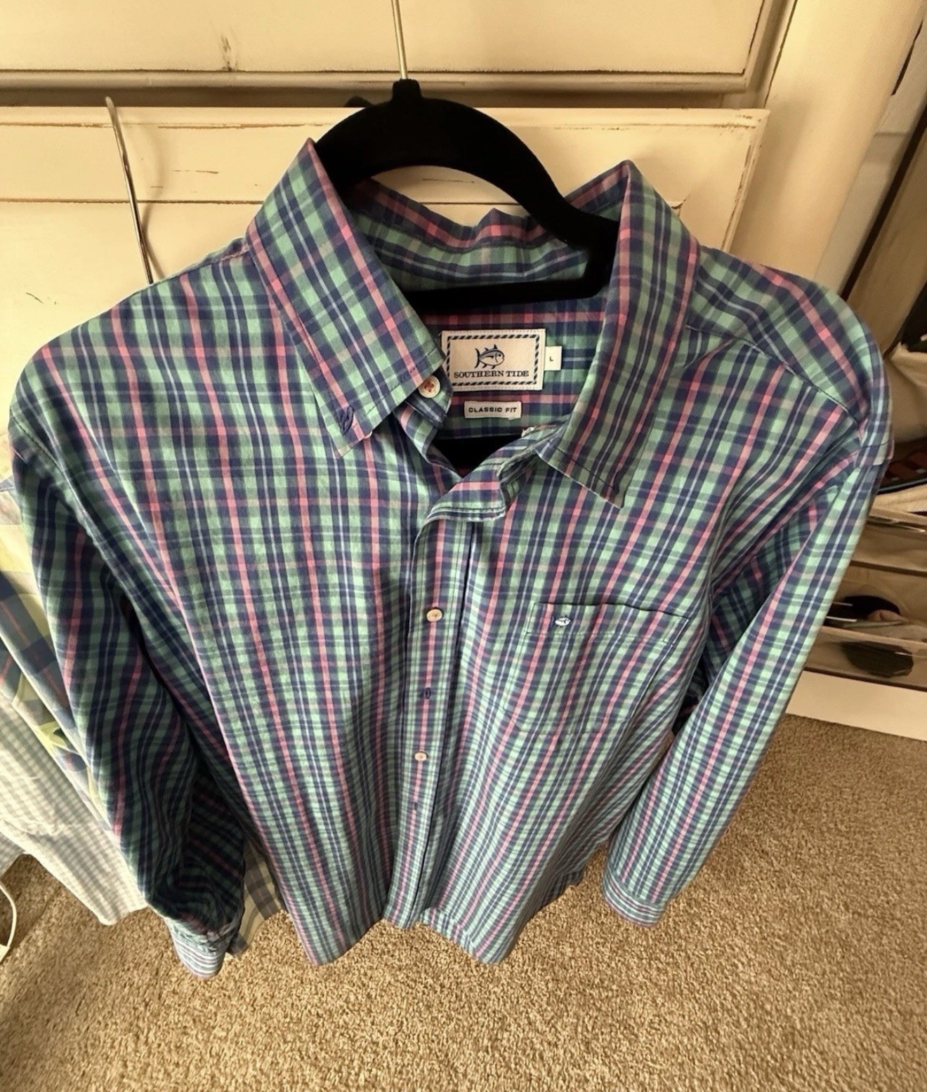 Southern Tide Classic Fit Plaid Shirt L Blue Green Pink Long Sleeve Pockets
