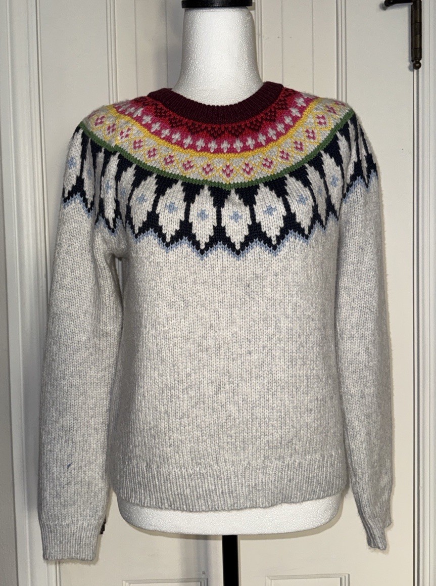 Marine Later Fair Isle Yoke Cream Multi Color Nordic Pattern Crew Pullover