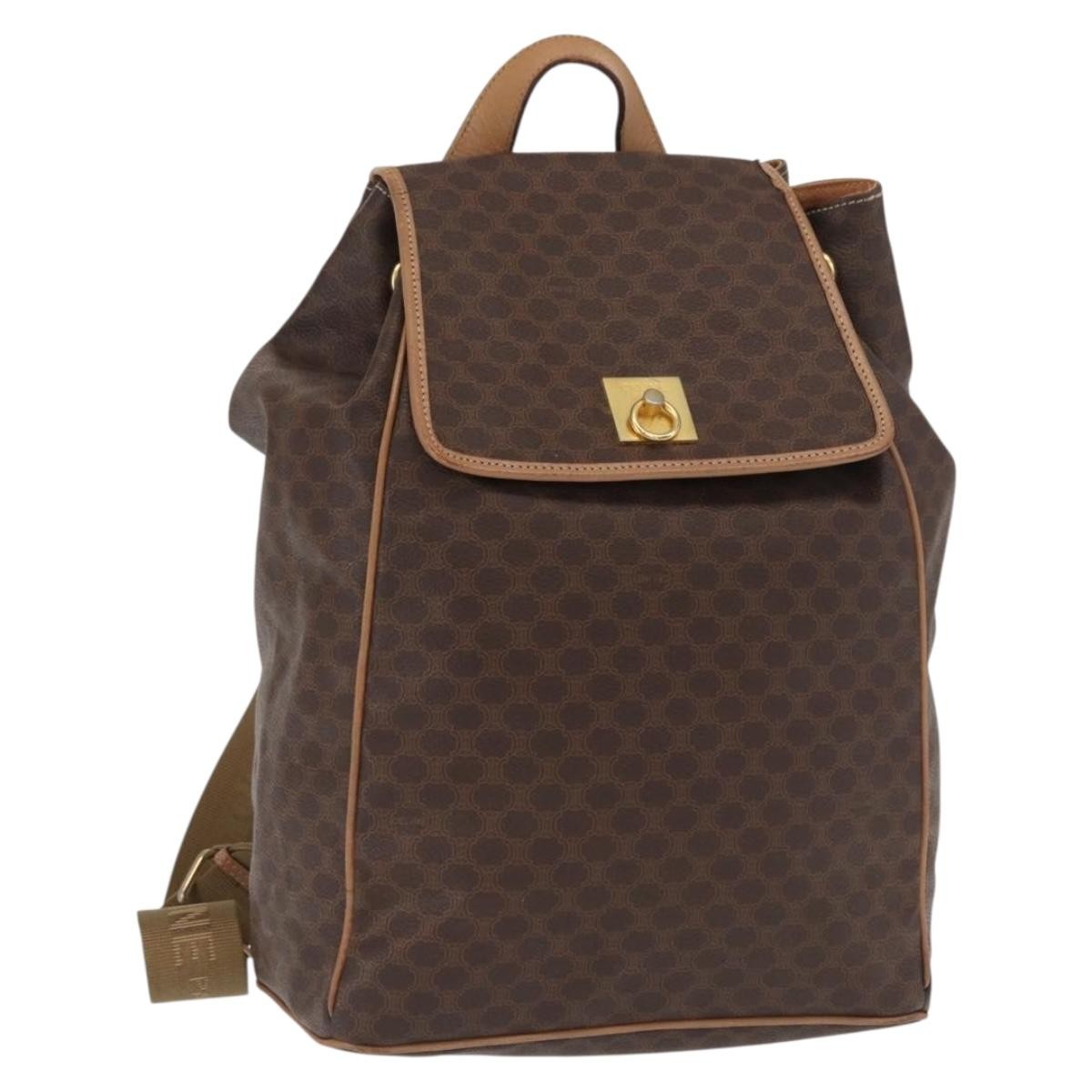 CELINE Macadam Canvas Backpack PVC Leather Brown Gold Auth bs32649