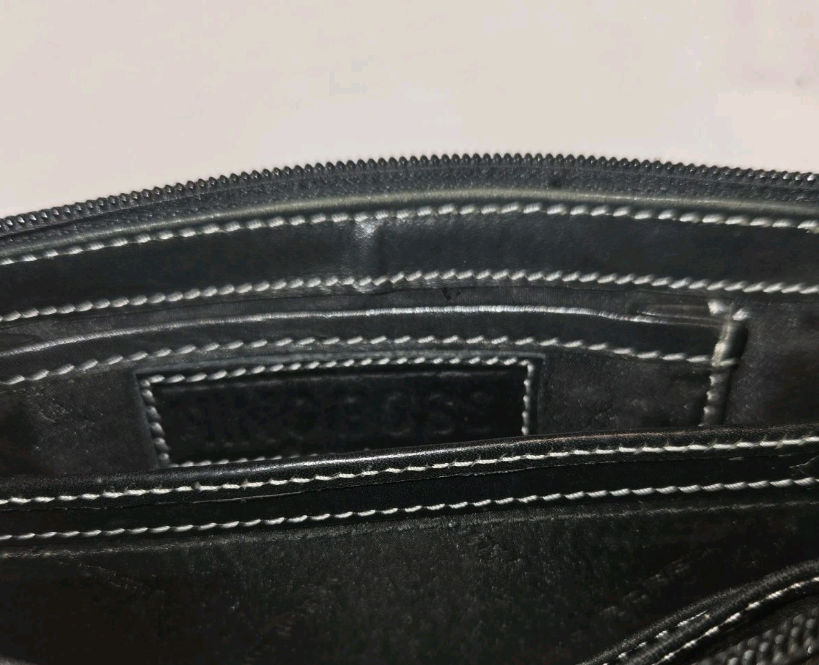 Nino Bossi Black Leather Double Push Lock • Zip Clutch Wallet Wristlet • EUC