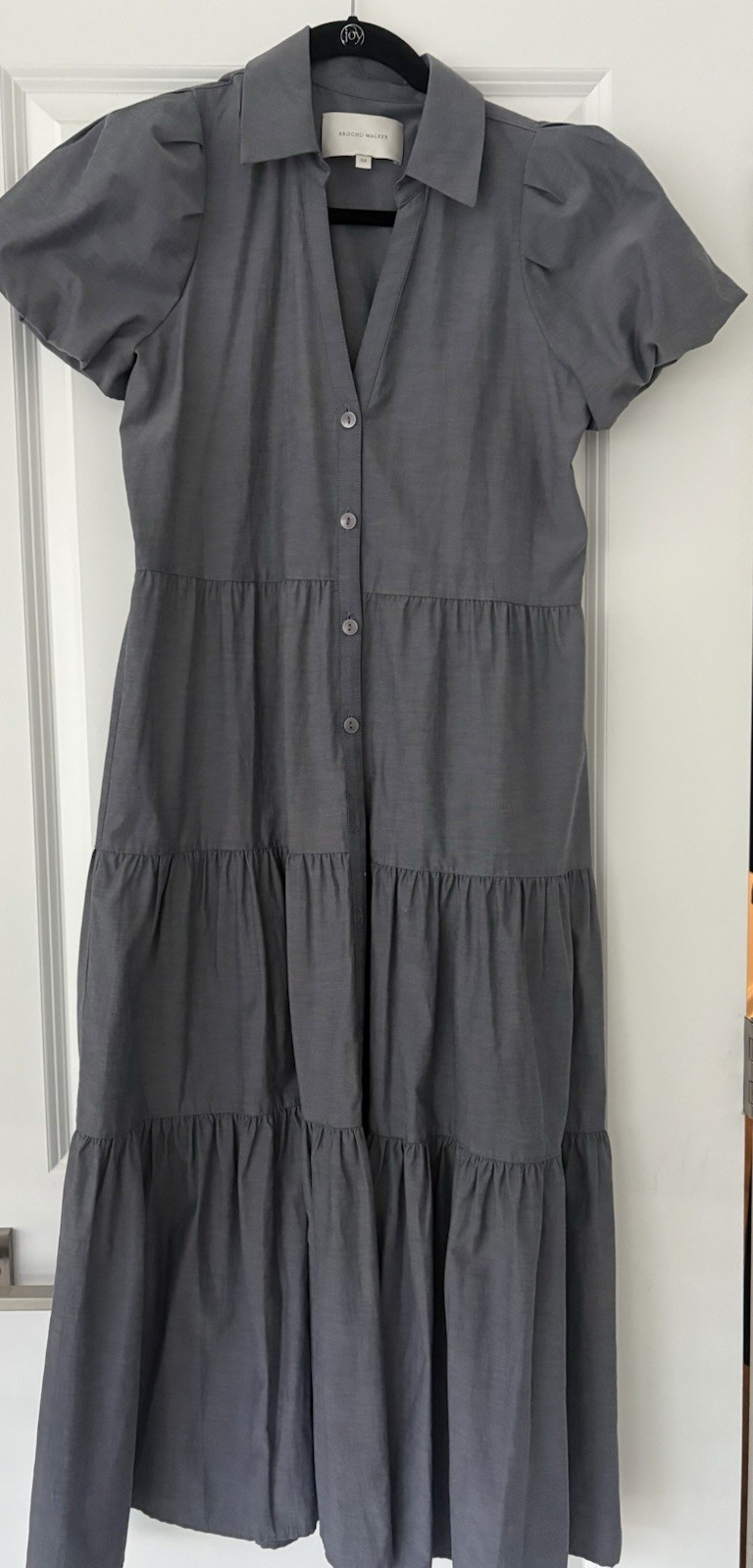 Brochu Walker Shirt Dress XS Tiered Midi Puff Sleeve Slate blue/ Gray