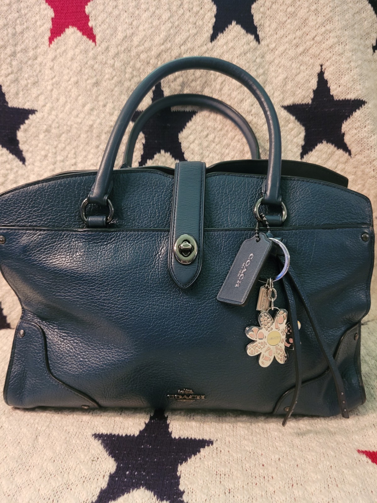 Coach Blue green Pebbled small Satchel Top Handle Zip Turn Lock Floral Charm