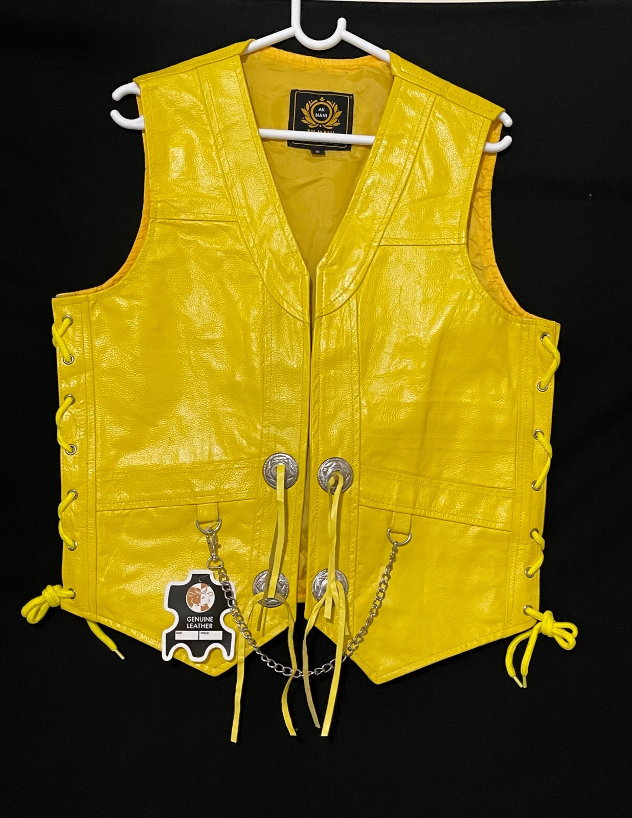 Mens YELLOW Orignal COW LEATHER Vest Chain Concho Motorcycle Biker Waistcoat NEW