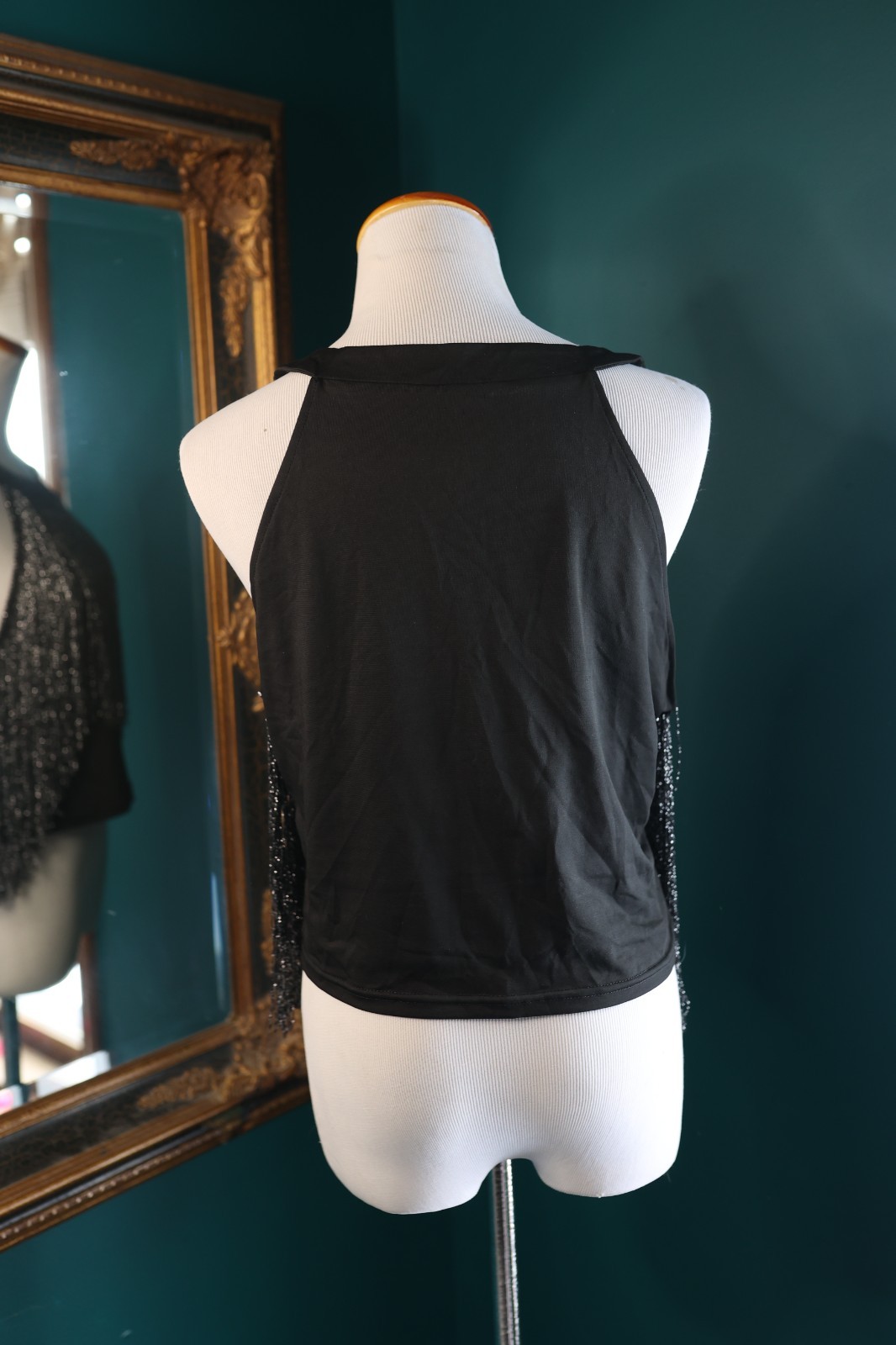 Fringe Tassel Trim Glitter Crop Top Sleeveless Halter Neck Cowgirl Festival XL