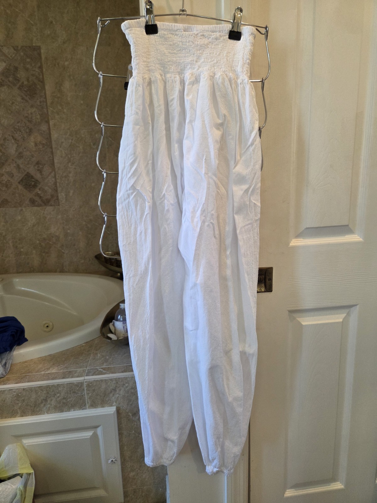 Women’s White Cotton Harem Pants High Rise Drawstring Pockets