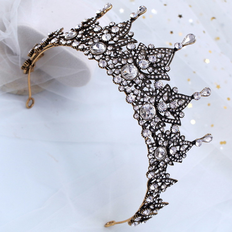 8cm Tall Antique Brass Crystal Wedding Bridal Queen Princess Prom Tiara Crown