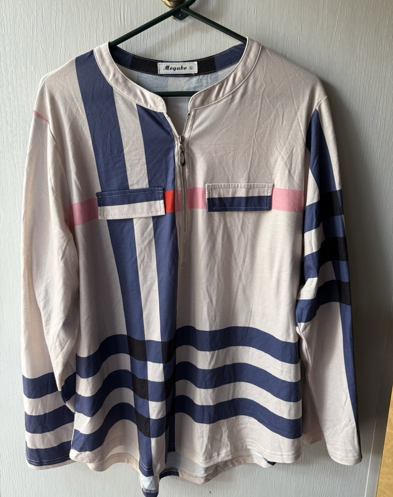 Moyabo Tunic Blouse Top White Pink Blue Stripe Tunic Shirt 3/4 Sleeve Size XL
