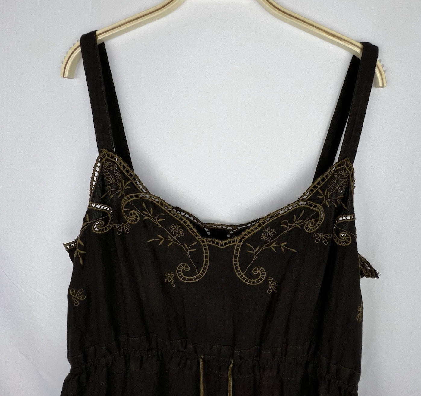 J.CREW Brown 100% Linen Embroidered Slip Dress Women 16 Boho Peasant Pockets