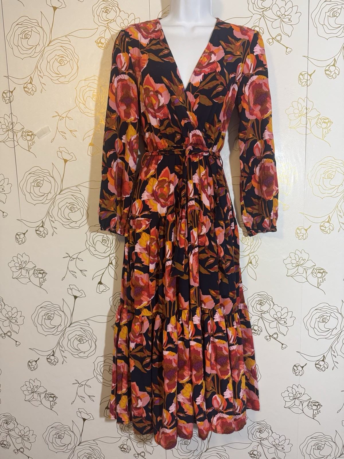 Petal and Pup Dress small Floral Midi/Maxi Wrap Navy Orange Pink Puff Sleeve
