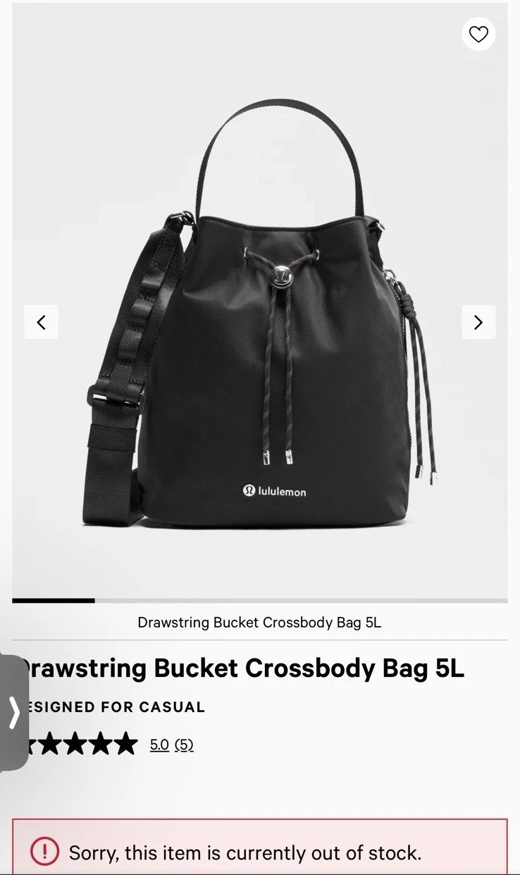 Lululemon Black Bucket Crossbody Bag, Drawstring, Adjustable Strap, Top Handle