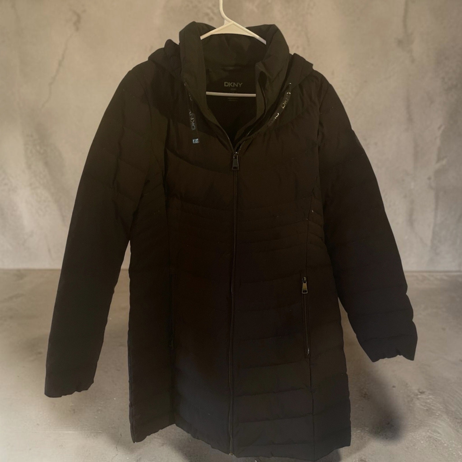 DKNY down-filled puffer coat, hooded mid-length, size L