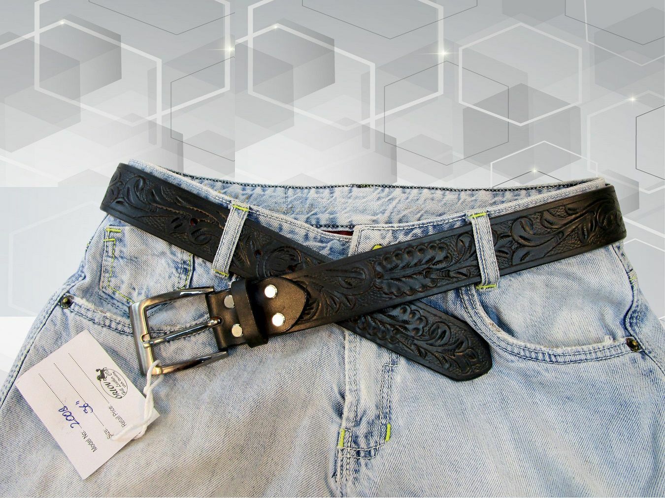 COWHIDE LEATHER MENS WESTERN BELT COWBOY SHOW TOOLED BLACK LEATHER 32 TO 50 in
