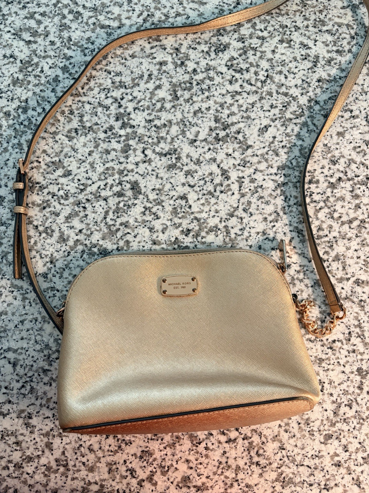 Michael Kors Rose Gold Metallic Small Crossbody Bag Zip Logo Detachable Strap