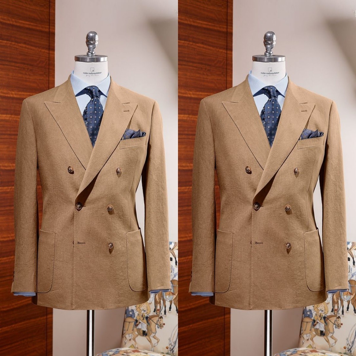 Double Breasted Linen Men’s Suits Summer Blazer Khaki Beach Jacket Casual Coat