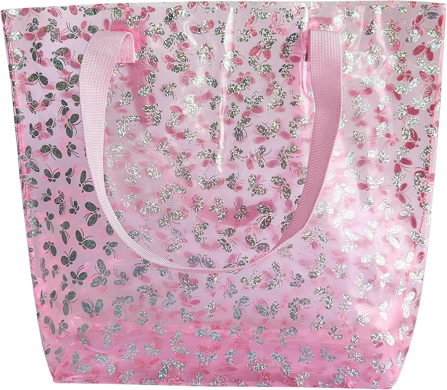 Holographic Clear Tote Bag, Waterproof Beach Bag with Pink Handles, Large 11.8″x