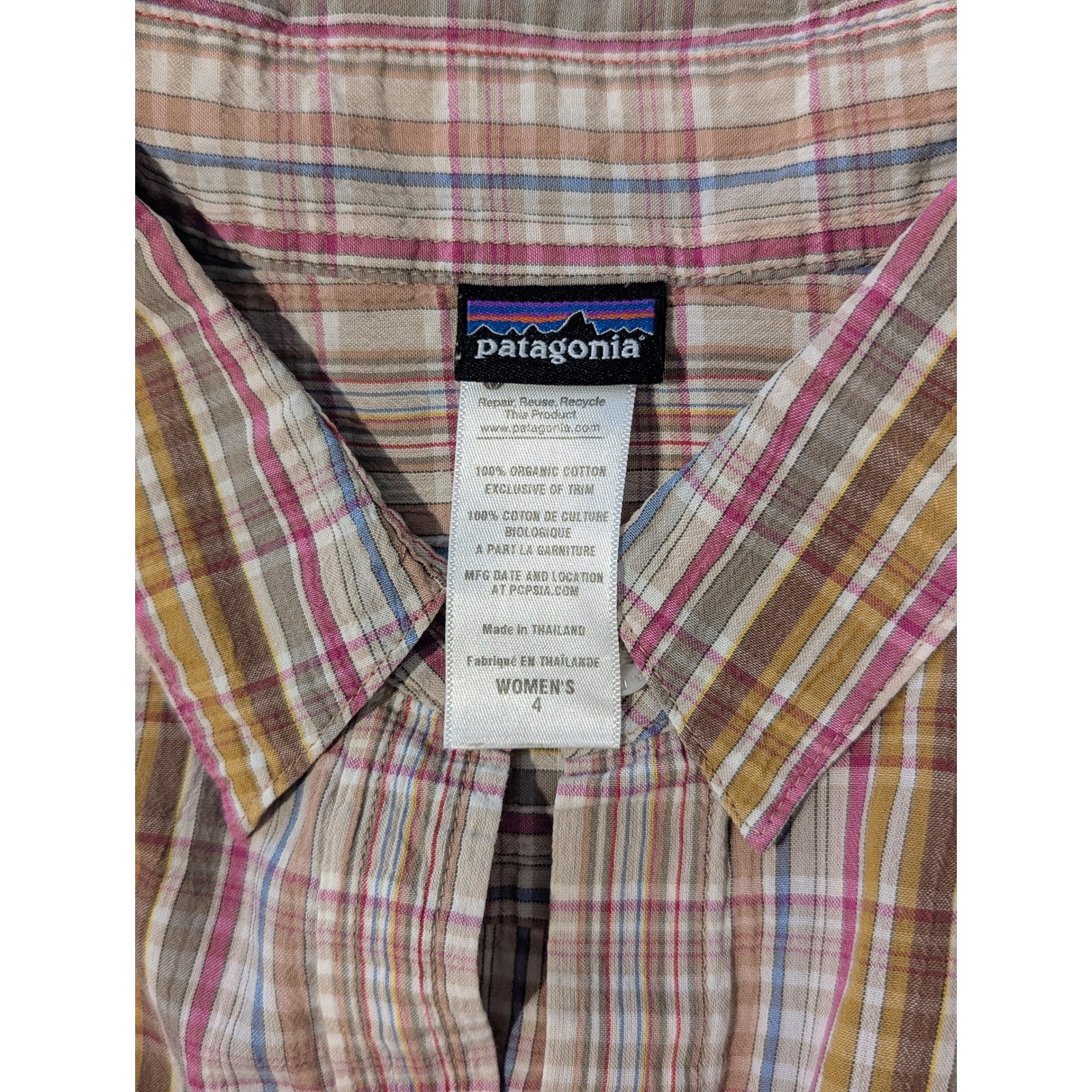 Patagonia Womens Organic Cotton Plaid Button Down Shirt Pink Yellow Blue Size 4