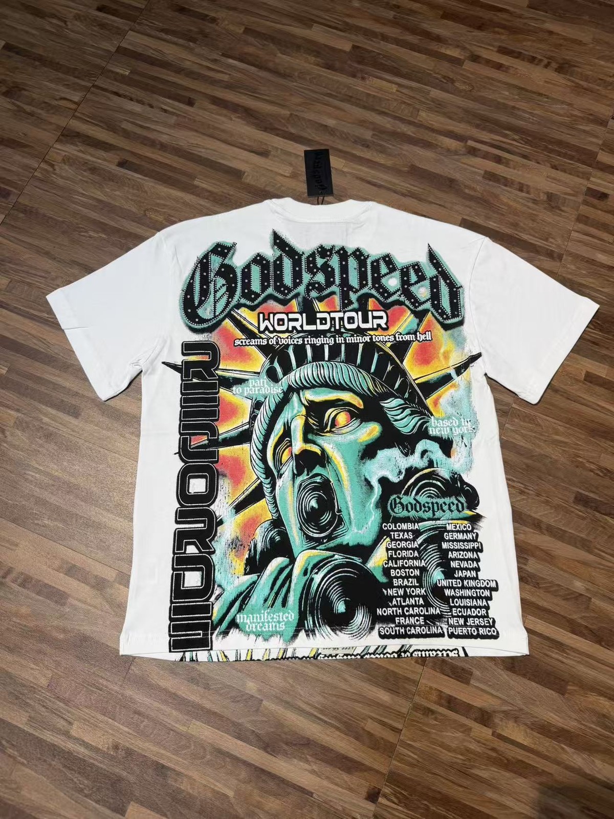 26SS Godspeed Mocking the Statue of Liberty printing Tee Mens Cotton T-shirt