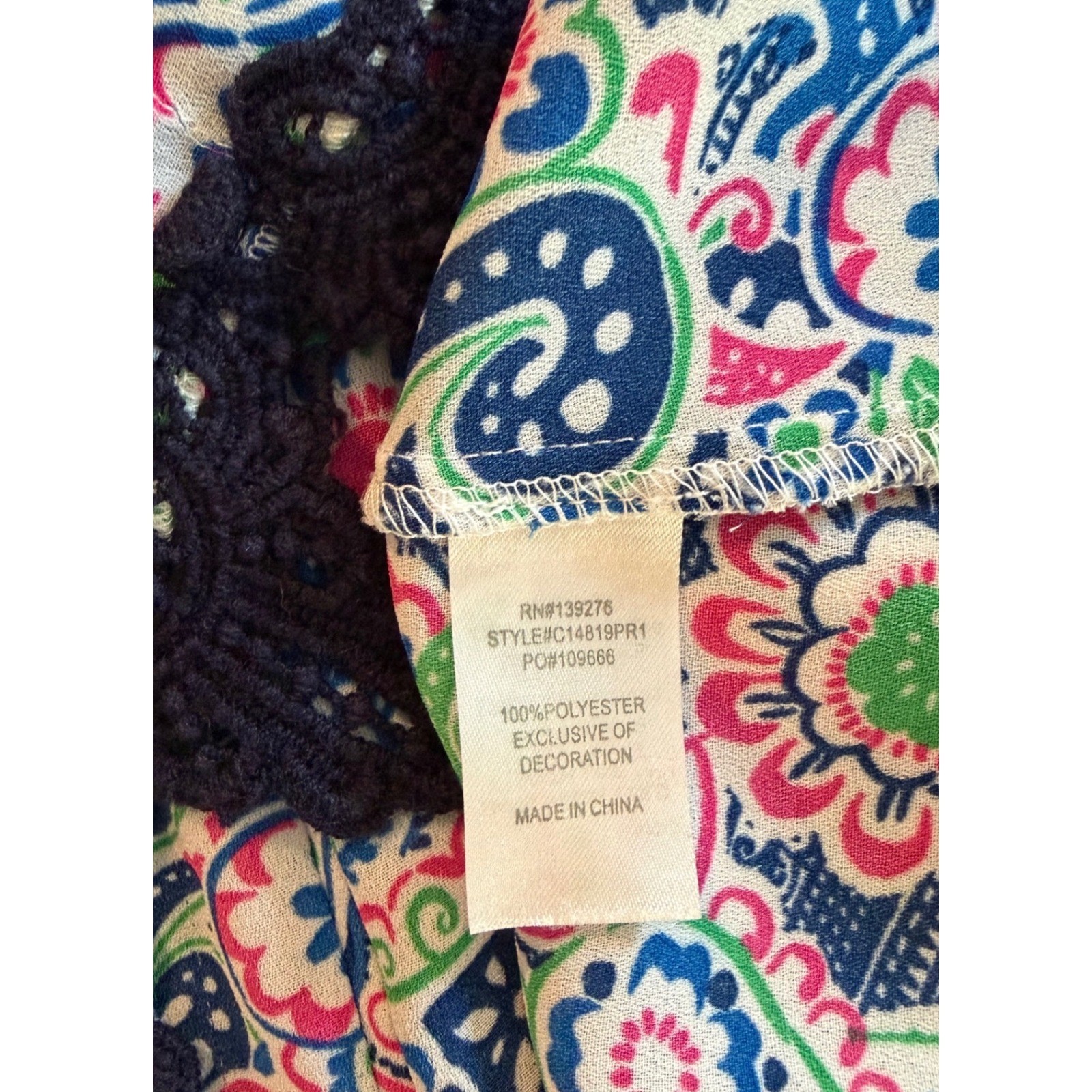 Womens Paisley Sleeveless Tunic Top Crochet Hem Boho Coastal Preppy Size M