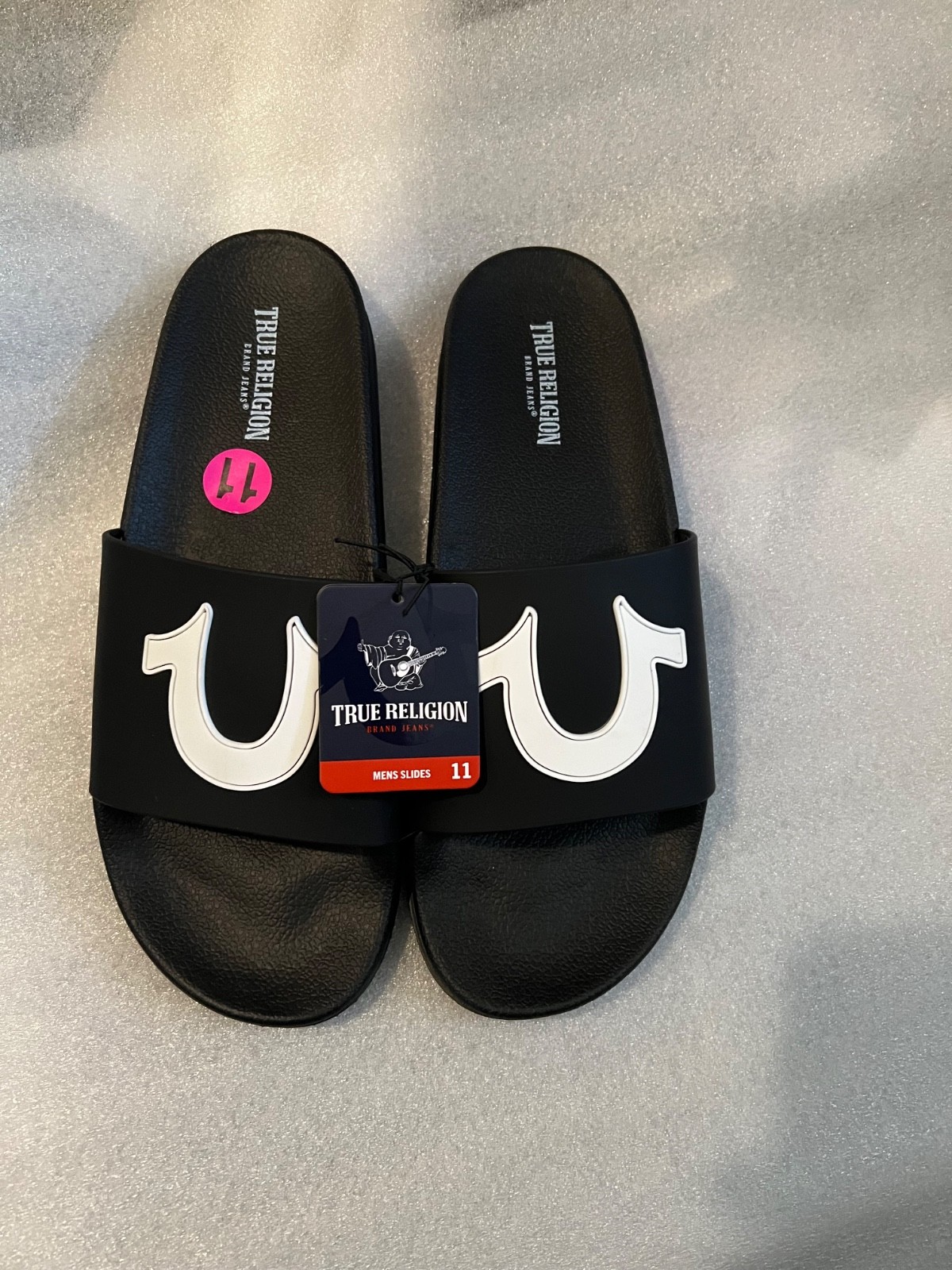 True Religion Men’sTR-112-S Black & White Logo Slide Sandals Lightweight Size 11