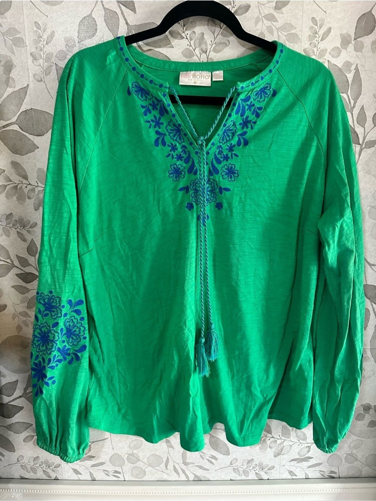 Belle Boho by Kim Gravel Emerald Green Long-Sleeve Peasant Blue Embroidery XL