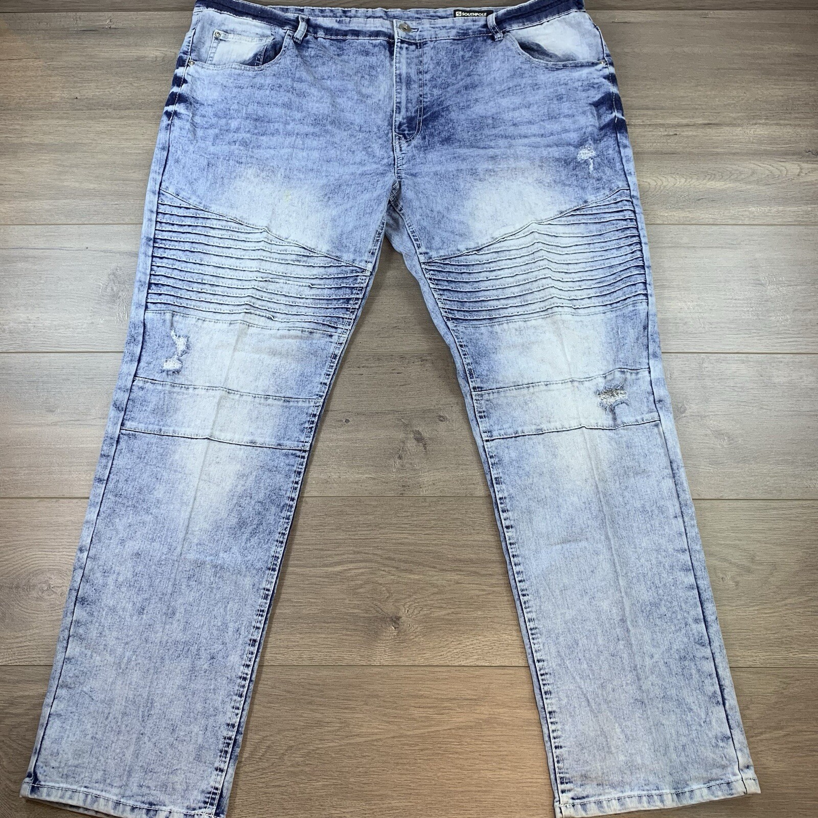 Southpole Acid Wash Distressed Tapered Stretch Moto Jeans Men 46 Blue Light
