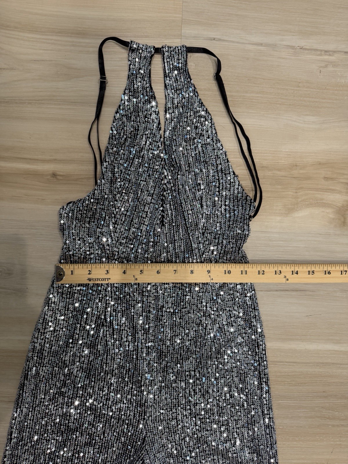 AKIRA Silver Sequin Halter Jumpsuit XS New With Tags Straight Leg Party Clubwear