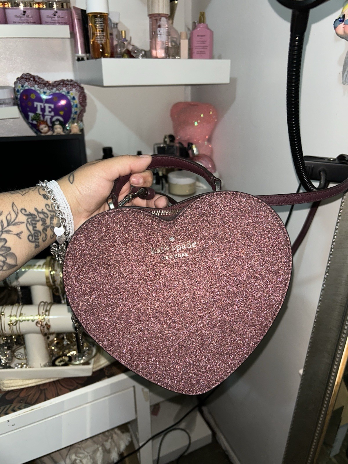 Kate Spade Glitter Heart Crossbody Bag Love Shack Purse Deep Burgundy