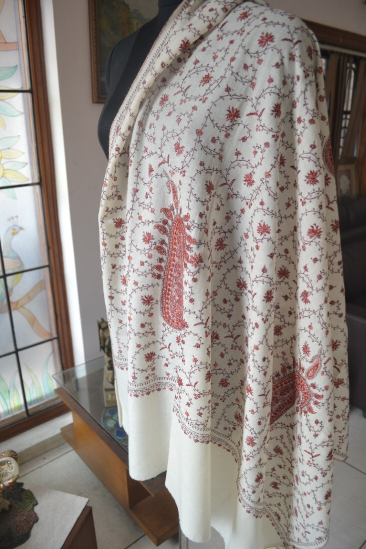 WHITE MICRO JAAL KASHMIRI HAND EMBROIDERY WEDDING SHAWL 100% CASHMERE PASHMINA