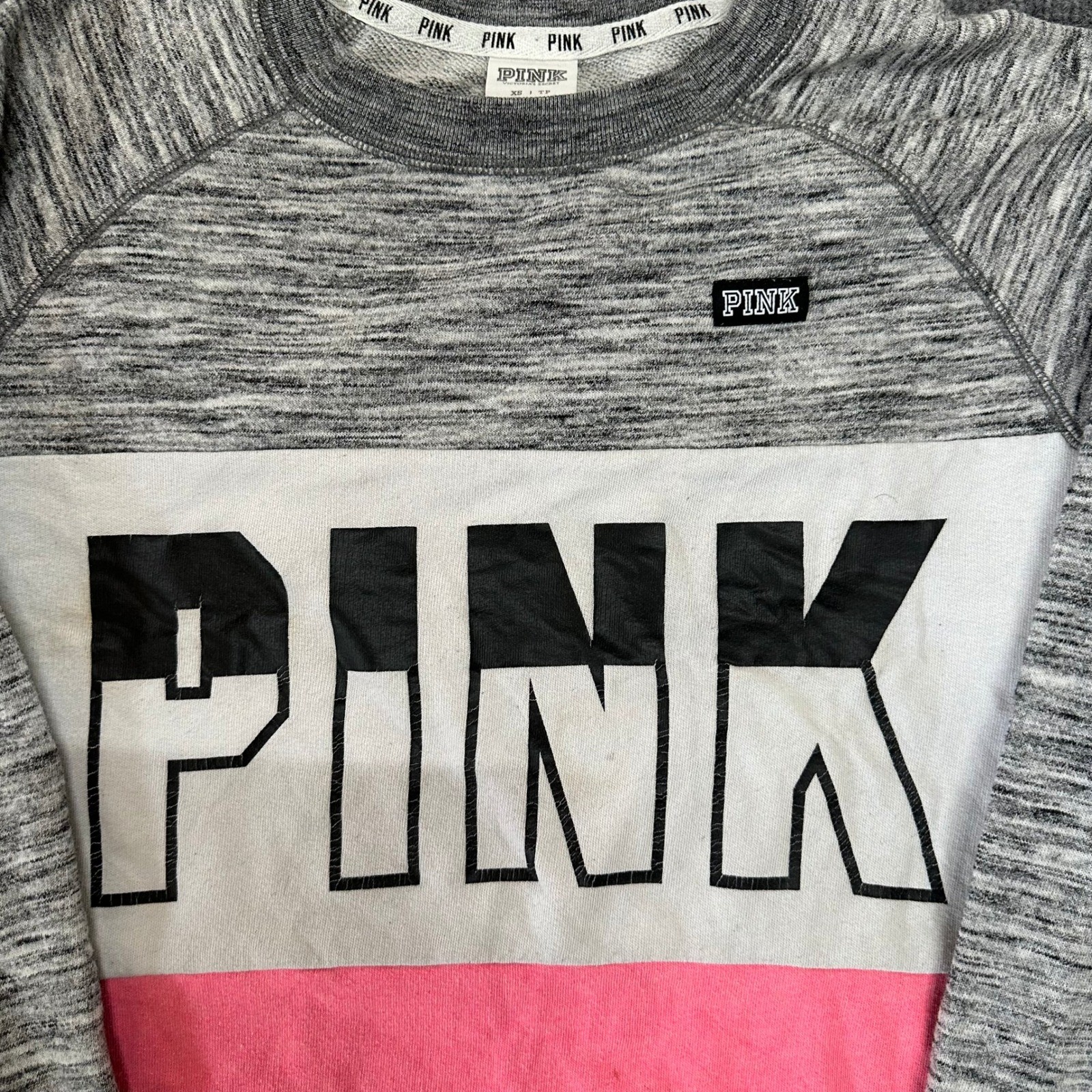 PINK Sweatshirt Womens Size XS Grey White Pink Colorblock Logo Crewneck Pullover