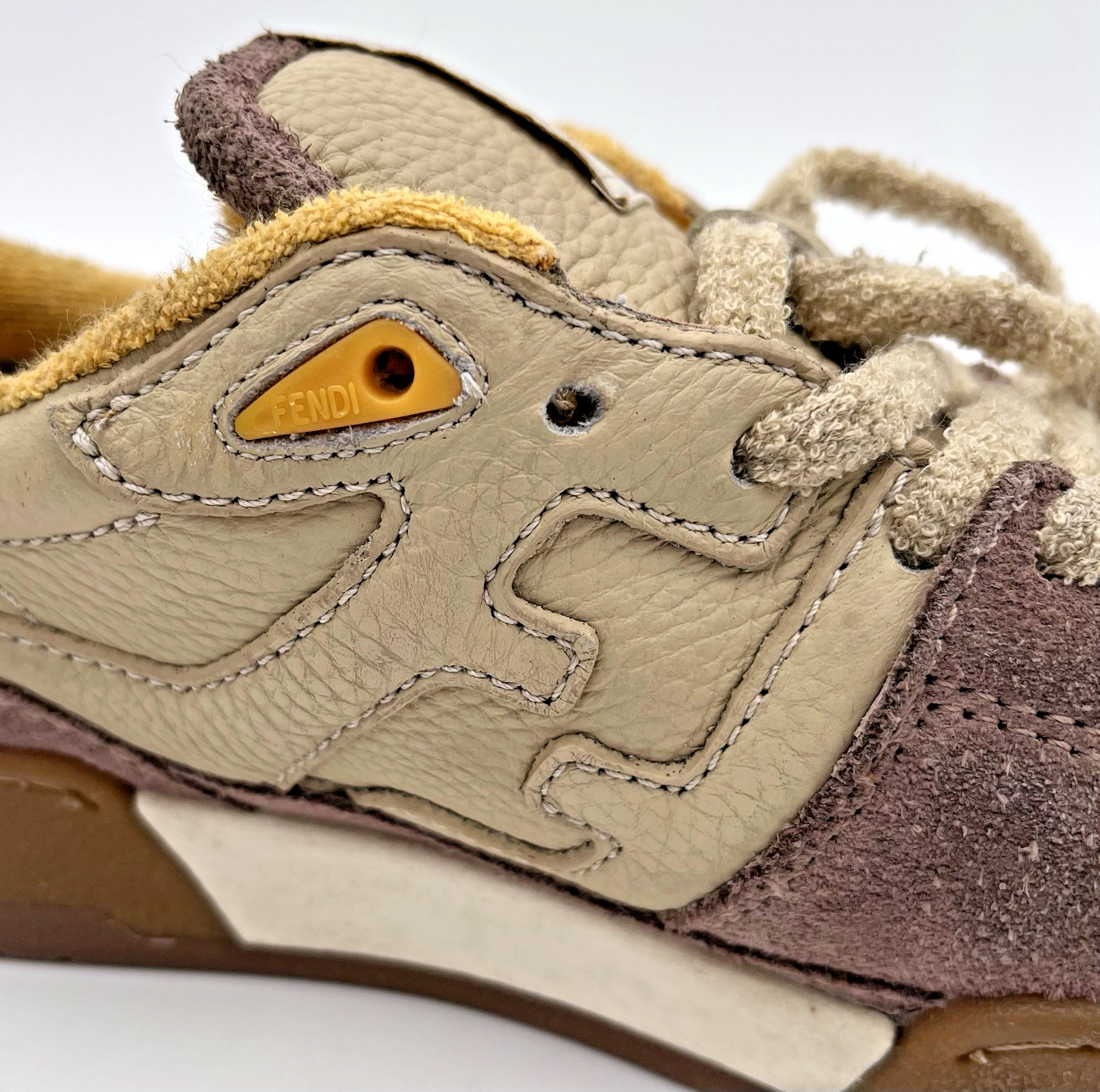 Fendi Match Low Top Bicolor Yellow/Beige Suede Leather FF Logo Sneakers Womens 8