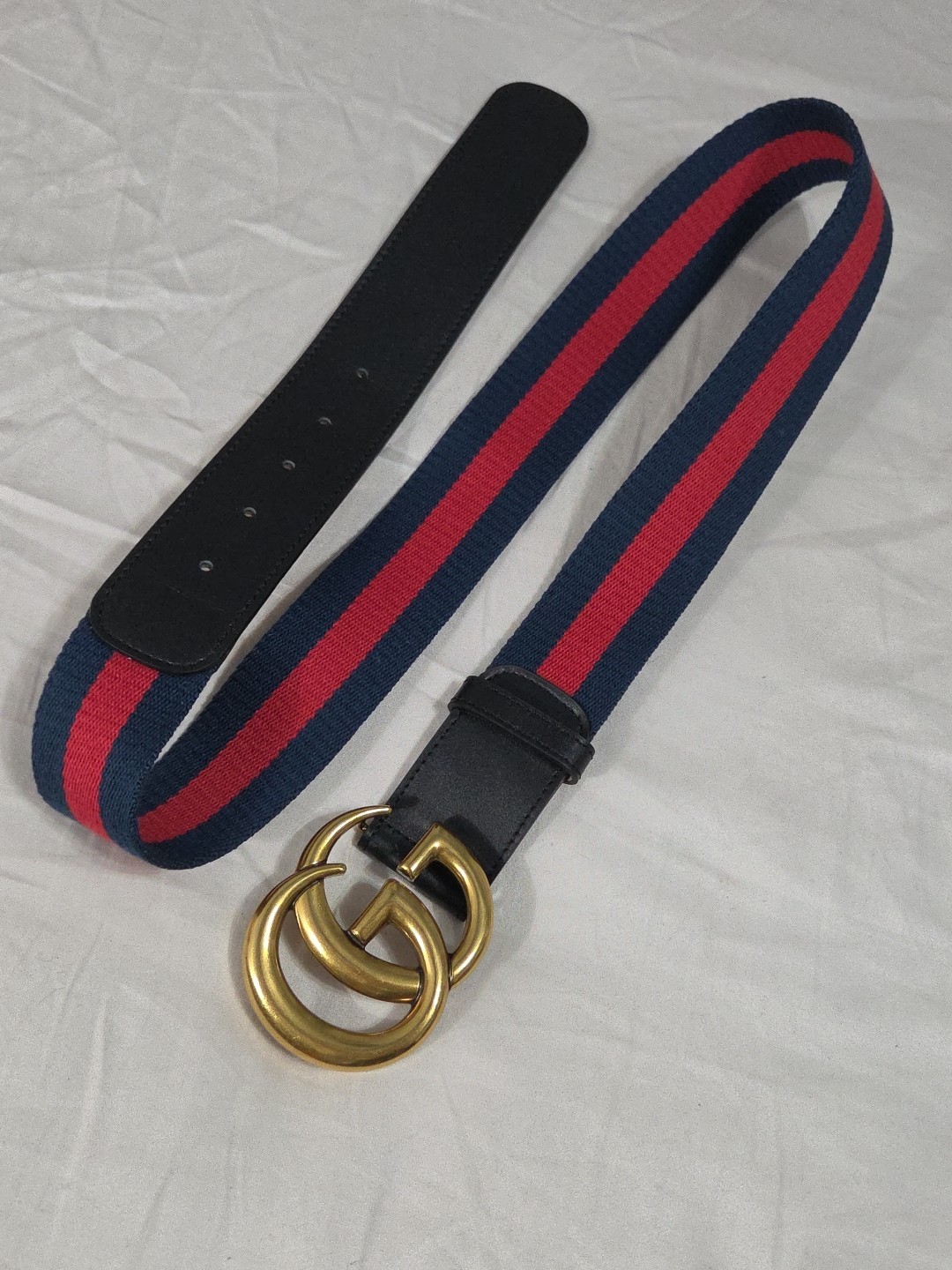 Gucci GG Brass Buckle Striped Navy Red Dress Belt Men’s 36-38 IT 105CM