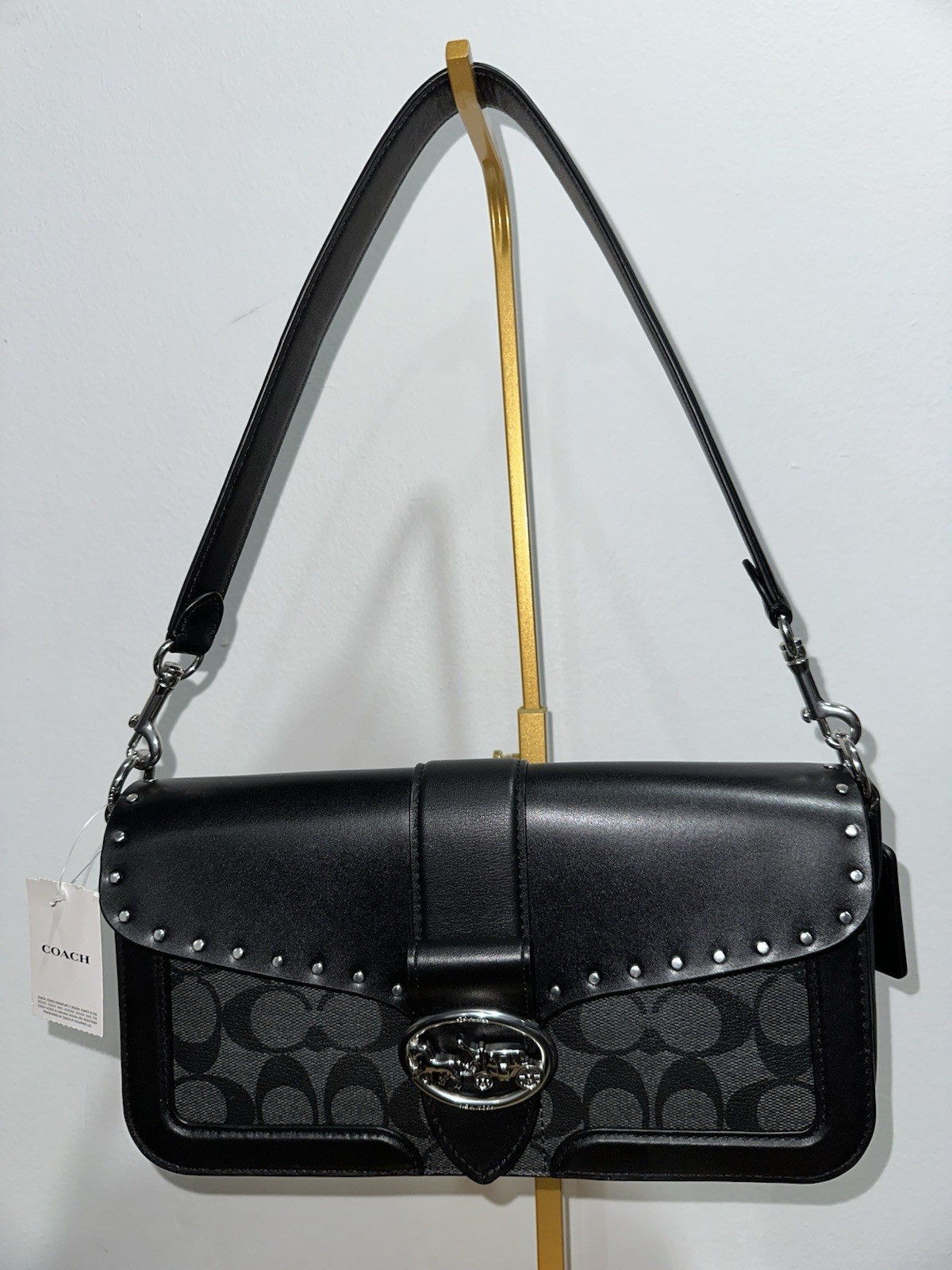 Coach Signature Georgie Canvas & Leather with Rivets Black Crossbody 5605 NWT