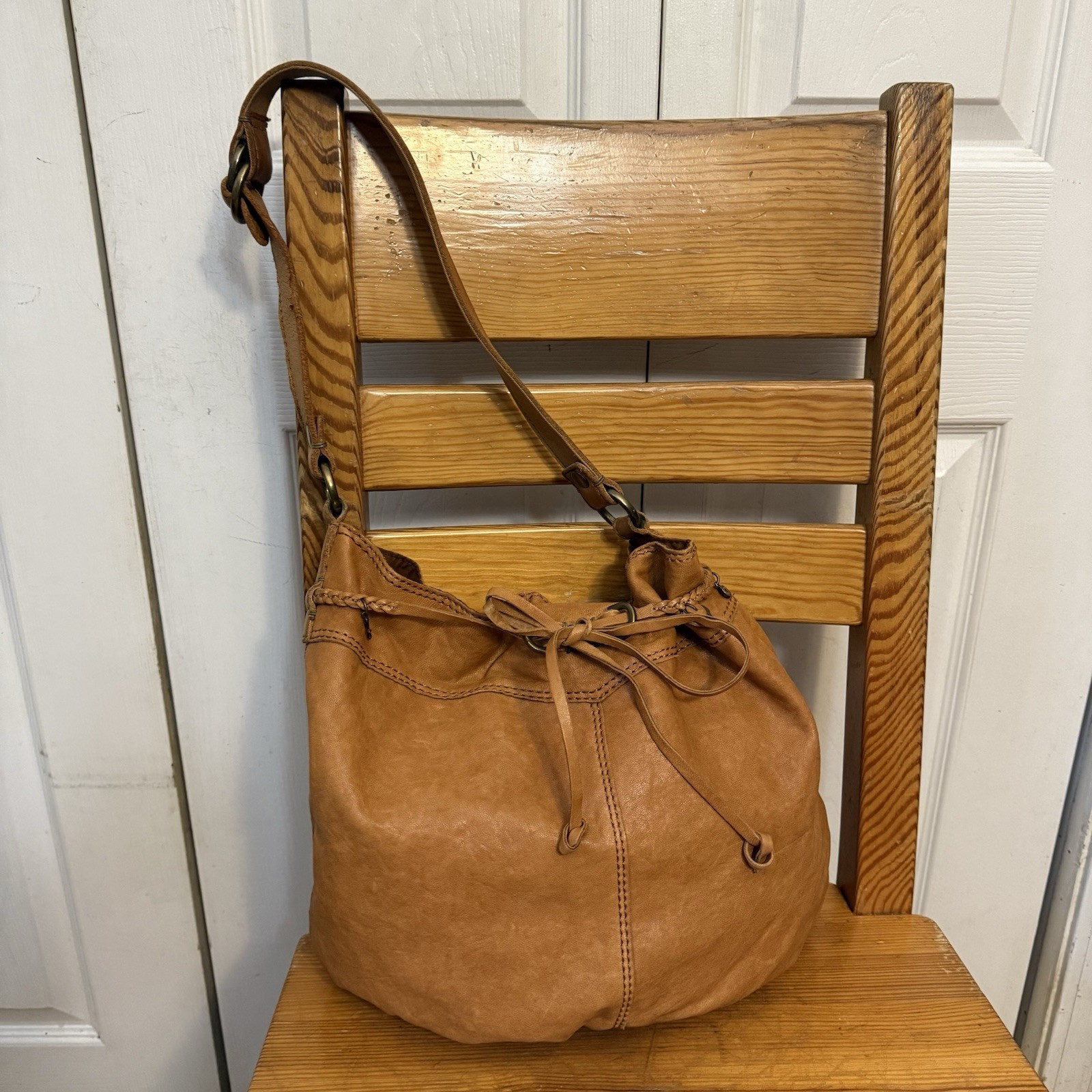 Lucky Brand Boho Tan Italian Leather Bucket Shoulder Tote Bag