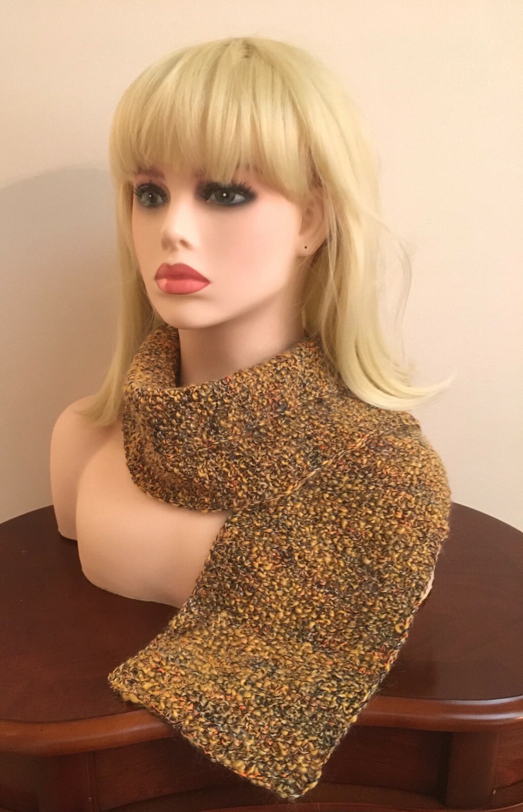 YELLOW BROWN SCARF NECK WARMER WINTER FALL NEW HAND KNITTED ENGLAND WOOL MOHAIR