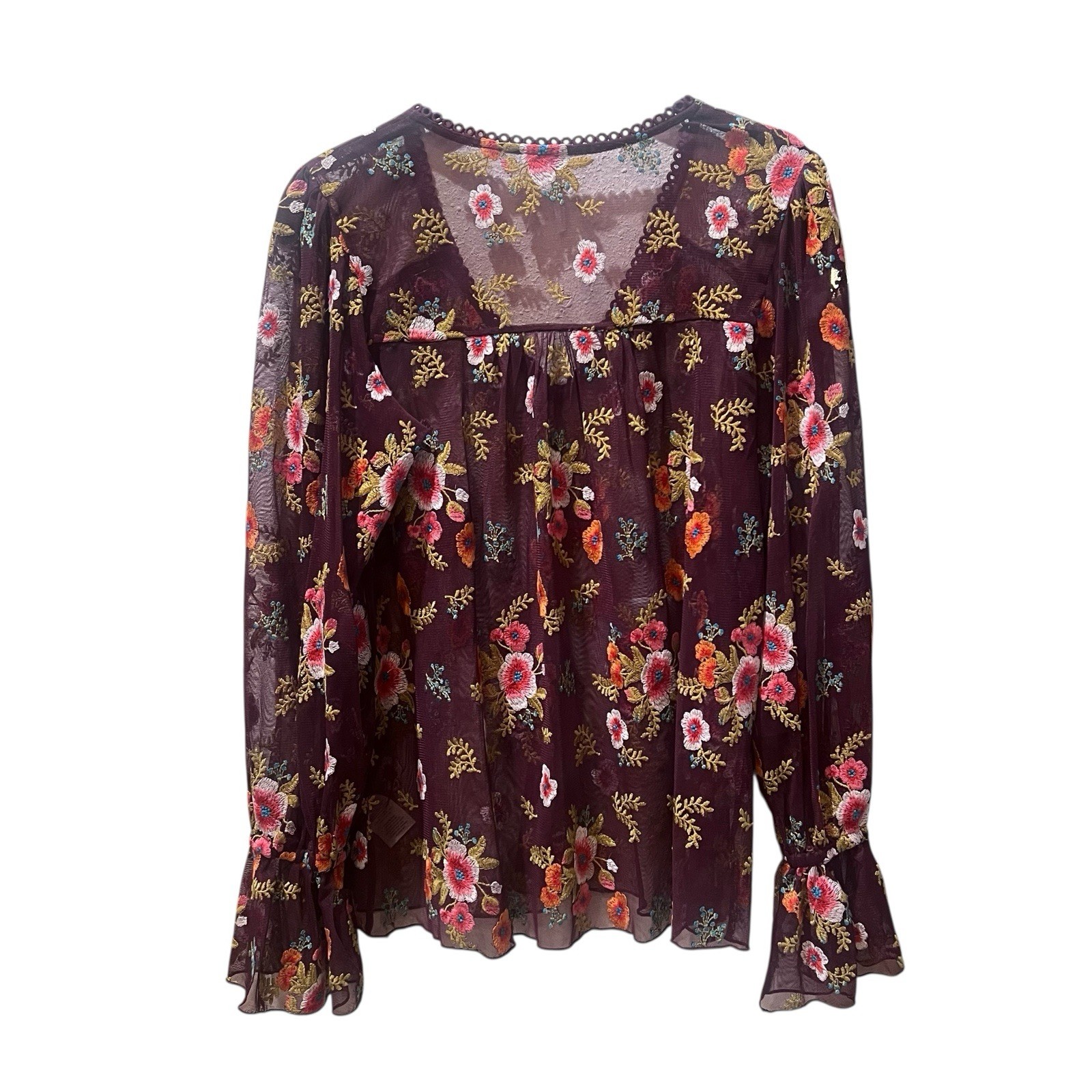 Anthropologie Feather And Bone Burgundy Mesh Floral Embroidered Blouse Size XS