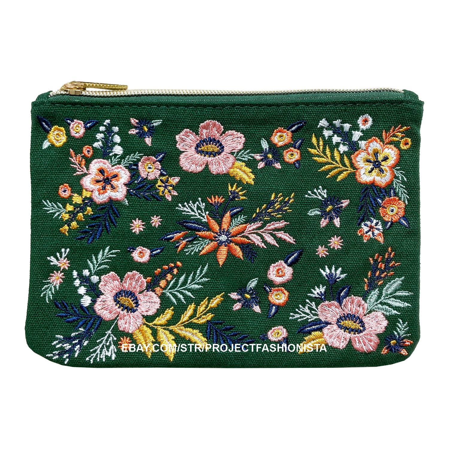 Embroidered Flower Zipper Pouch Cosmetic Bag Travel 7.75″ Green Molly & Rex