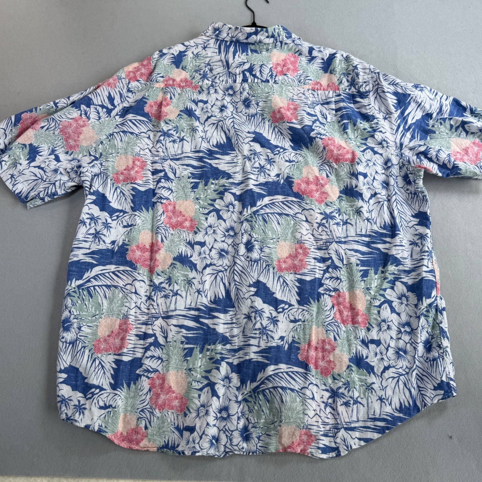Caribbean Mens XL Linen Cotton Tropical Hawaiian Shirt Pineapple Hibiscus Blue