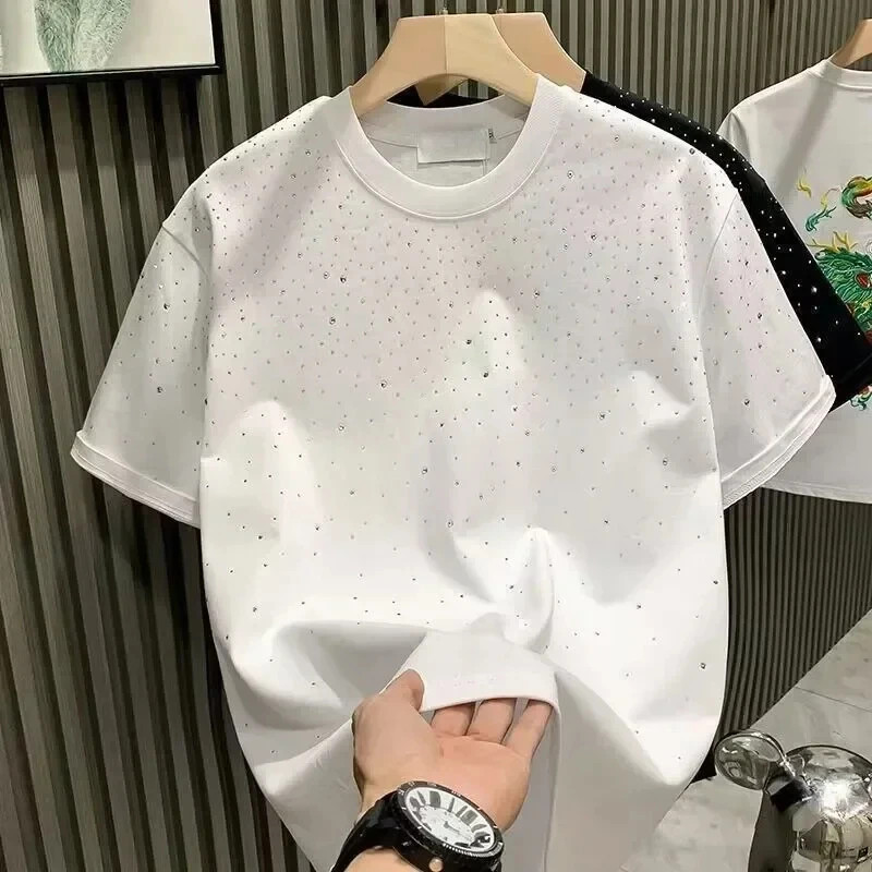 Summer Men Clothing Summer Rhinestone Rivet T-shirt Round Neck Casual T-shirt