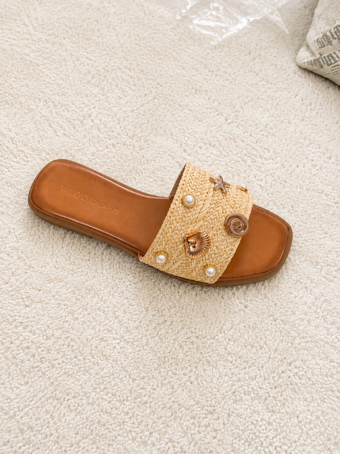 Women’s Beach Slide Pearl Shell Starfish Woven Summer Flat Slip On Shoes.