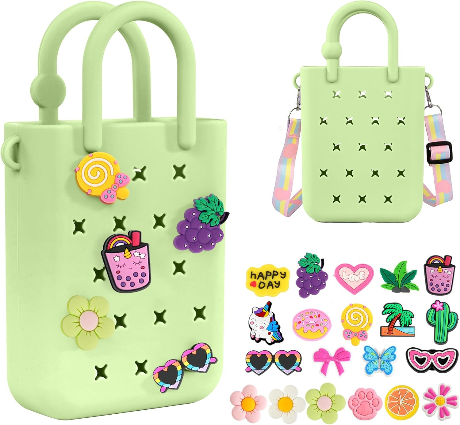 Small Silicone Beach Bag Rubber Tote w/20 Charms Adjustable Strap Girls Women