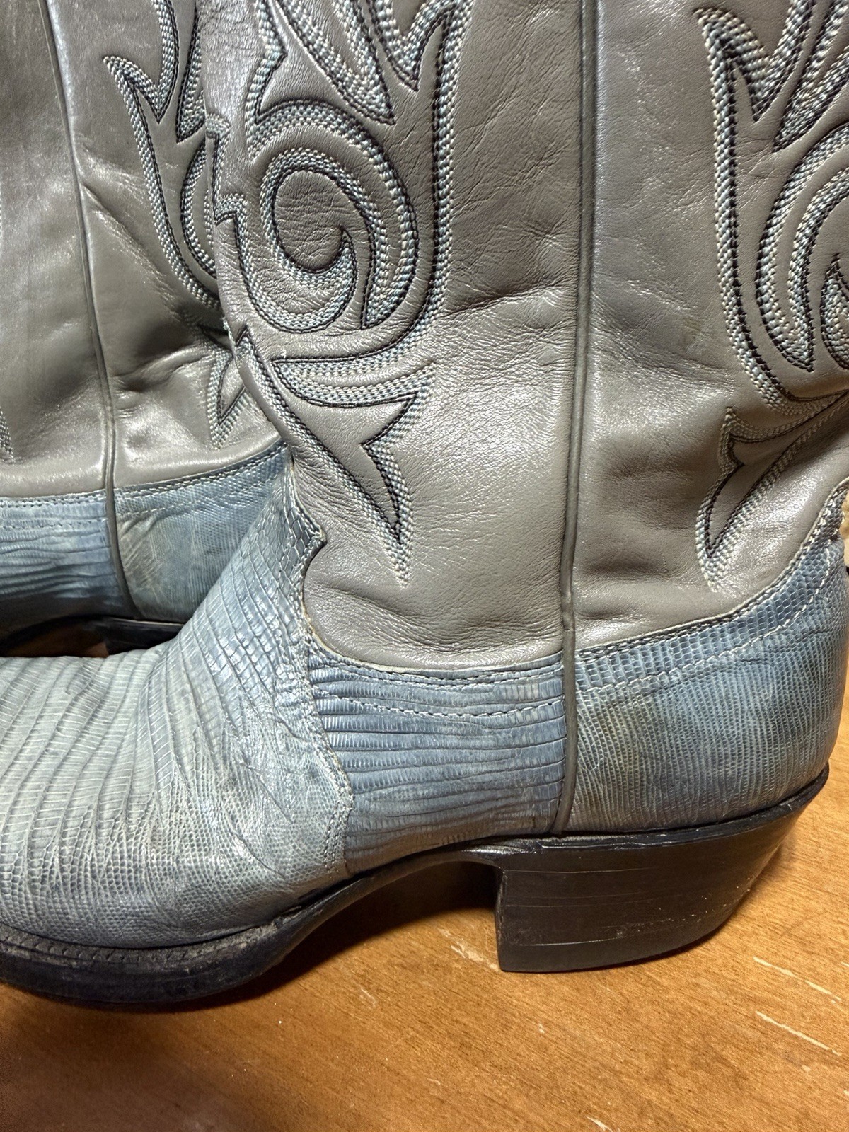 Vintage Justin Men Size 7 D Gray/Blue Teju Lizard Skin Cowboy Western Boots